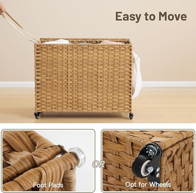 Laundry Hamper with Wheels, 52.8 Gallon(200L) Rolling Laundry Basket with Lid, 3-Section Rattan Clothes Hamper with 3 Removable Liner & 3 Mesh Bags, Laundry Sorter with Side Pocket, Natural