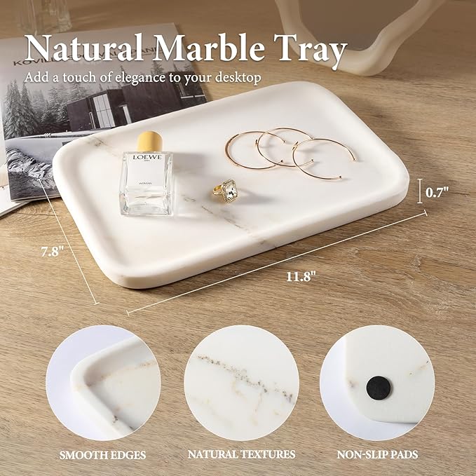 Koville Marble Vanity Tray, 12"x8" Marble Organizer Tray for Countertop Bathroom Kitchen Dresser, Rectangular Decorative Jewelry Dish for Cosmetics Perfume Trinket(Oriental Calacatta)