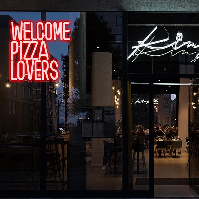 Welcome Pizza Lovers Neon Light, Red Dimmable LED Personalized Pizza Lovers Neon Sign, Family Restaurant Entertainment Room Food Theme Party Wall Neon Sign Decoration, Ideal Holiday Gift For Pizza Lovers, Children, Family (12.9*12.5in)