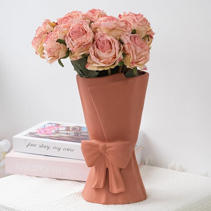 Pink Ceramic Bow Vase 9.64 in Unique Cute Modern Decorative Bouquet Flower Vases for Home Living Room Table Decor Women Girl Gifts