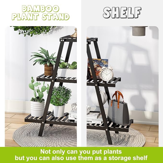 BMOSU Plant Stand Bamboo for Indoor Outdoor Tiered Plant Shelf 8 Potted Flower Holder Ladder Rack Garden Balcony Living Room Patio(3 Tier Black)