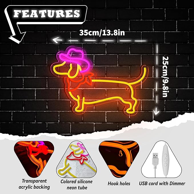 Dachshund Neon Sign Dog Neon Signs for Wall Decor Cute Puppy with Cowboy Hat Led Light Sign for Pet Shop Bedroom Wall Home Party Decor, Party Accessory, Gift for Dog Lover…