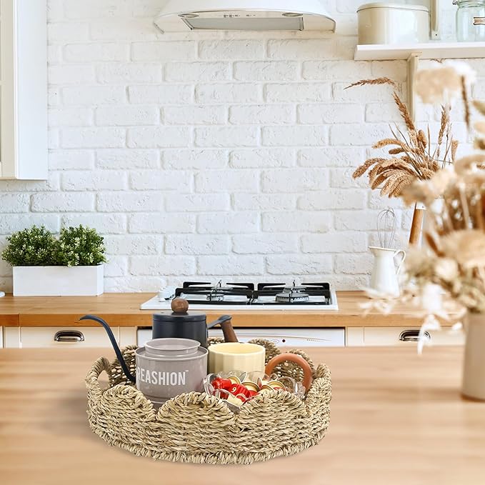 Scalloped Edge Round Serving Tray, Built-in Handles, Decorative for Coffee Table, Seagrass Rattan 13 Inch