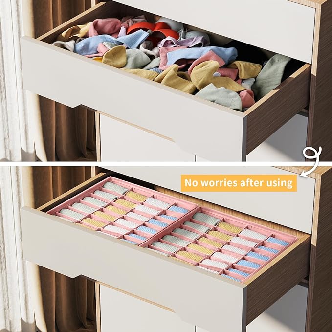 Joyoldelf Sock Organizer Drawer Organizer - 2 Packs Underwear Organizer, 24 Cells Collapsible Closet Organizers and Storage Sock Holders Organizers for Storing Socks, Ties, Belts(Pink)
