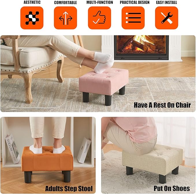 BRIAN & DANY Small Foot Stool, Linen Foot Stools with Legs, Stable Small Footstool for Living Room, Beige