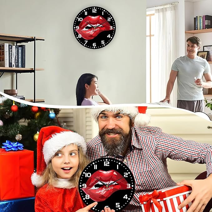 Red Lip Wall Clock - Vintage Wooden, Silent Non-Ticking, Battery Operated, Arabic Numerals, Decorative for Kitchen, Office, Classroom - 10 Inch