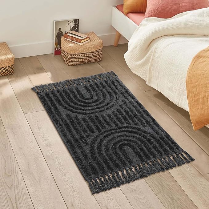 LEEVNA Washable Bathroom Rugs 2'x3', Hand-Woven Kitchen Rug with Tessal, Dark Grey Bedroom Throw Rugs, Boho Tufted Rainbow Rugs, Farmhouse Indoor Door Mat for Entryway/Porch/Back Door
