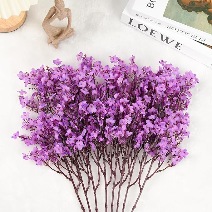 Babys Breath Artificial Flowers, 8 Bundles Real Touch Purple Fake Flowers Spring Plants Decor Silk Flower Bulk for Vase Home Wedding Indoor Outdoor Table Party Decorations