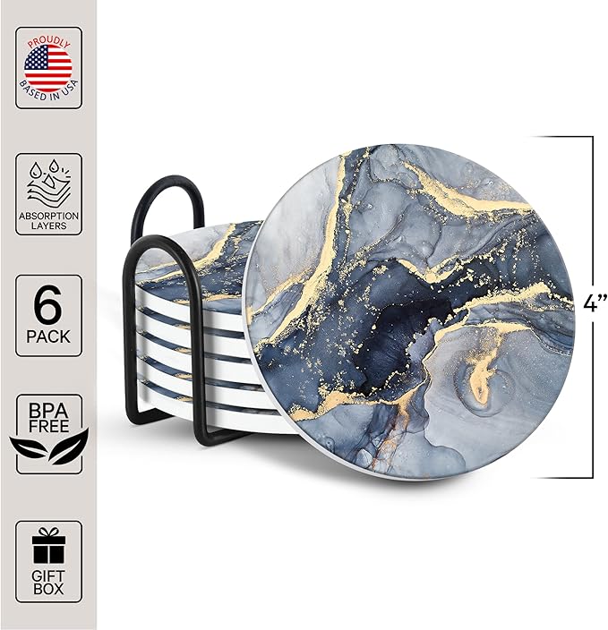 Emerson Coasters for Drinks Absorbent – Saucers Coffee Table Set of 6 with Holder, Wooden Tabletop Protection Marble Style 100% Ceramic - Non-Slip & Cork Bottom - Heavy Duty Drink Coasters (Riptide)