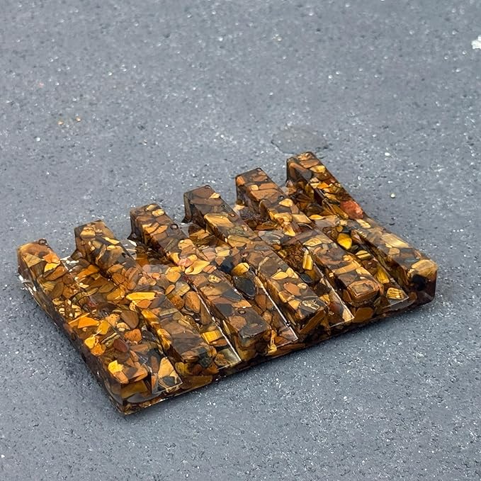 Handmade Tiger Eye Stone Rectangle Bar Soap Holder with Drainage Function, Crystal Dish for Shower and Bathroom Decor, Natural Soap Tray to Keep The Soap Dry Resin Kitchen Decoration (Tiger Eye)