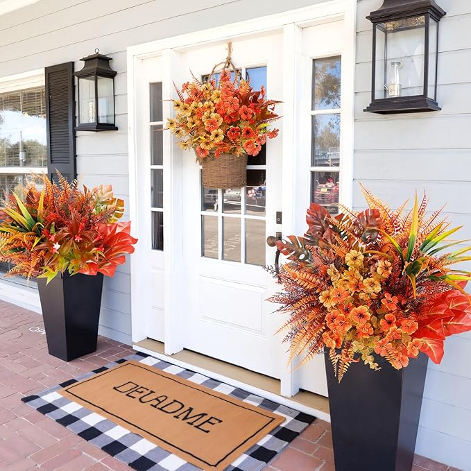 20 Bundles Artificial Fall Flowers for Outdoor Decoration, Fake Plants Faux Mums Flowers UV Resistant Daisy Boston Fern Fall Stems for Autumn Planters Window Box Garden Porch Indoor Home Decor