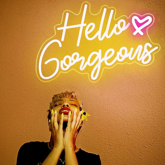 DAKABUKA Hello Gorgeous Neon Sign Hello Beautiful Warm White LED Neon Lights for Home Wedding Birthday Backdrop Bacelorette Party Wth Dimmable Switch(5V,16.5X10.6inches)