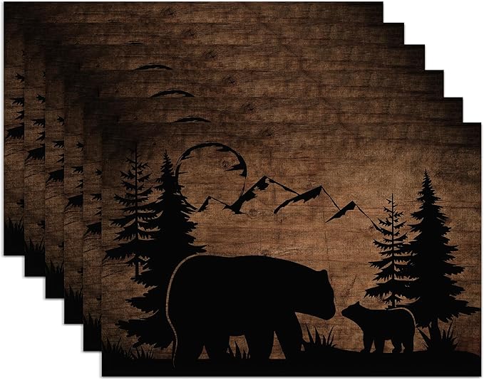Bear Lodge Placemats Set of 6,Washable Heat Resistant 12×18 Inch Linen Table Mats Farmhouse Wooden Place Mats for Party Outdoor Dining Décor