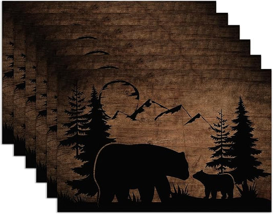 Bear Lodge Placemats Set of 6,Washable Heat Resistant 12×18 Inch Linen Table Mats Farmhouse Wooden Place Mats for Party Outdoor Dining Décor