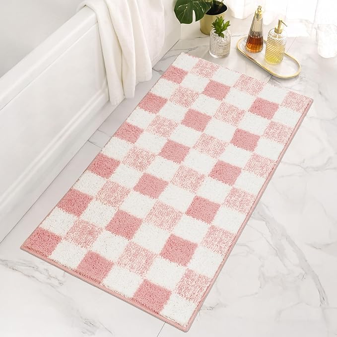 GRANNY SAYS Checkered Pink Bathroom Rugs, 48" x 24", Fluffy Rug, Absorbent Microfiber Ultra Soft Bath Mat Washable, Non-Slip Bath Mats for Bathroom, Cute Floor Mat for Tub, Shower, Bedroom