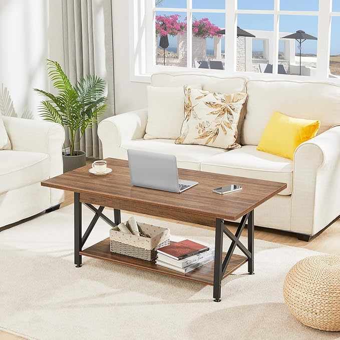 GreenForest Coffee Table with Storage, 39 inch Modern 2-Tier Coffee Tables for Living Room, X-Frame Design Farmhouse Coffee Table Space Saving Living Room Tables, Easy Assembly, Walnut