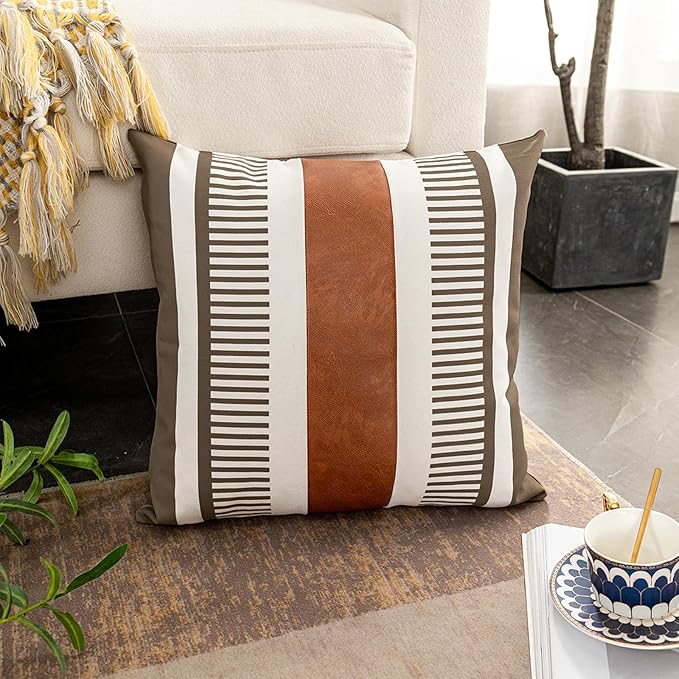 Farmhouse Throw Pillow Covers for Couch Sofa Decorative Faux Leather Square Cushion Cover Tribal Stripe Accent Pillow Case 18 x 18 Inch,Dark Coffee