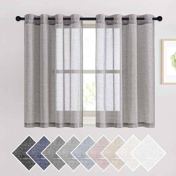 NICETOWN Charcoal Grey Solid Linen Sheer Curtains, Ring Top Thick Flax Light Reducing Wrinkle Free Linen Blend Semi Sheer Window Treatment for Kitchen/Bedroom, W52 x L45, 2 Panels