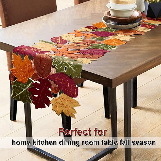OWENIE Fall Table Runner, Thanksgiving Table Runner 120 Inches Extra Long, Harvest Leaves Home Decor for Autumn Season, Cutwork Embroidered Leaf Decoration for Holiday, 13 x 120 Inches Dresser Scarf