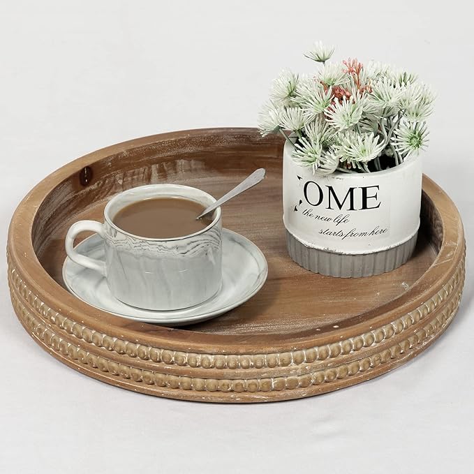 Carah & Cossh 12'' Round Wooden Tray, Whitewashed Round Decorative Wood Tray, Round Farmhouse Rustic Decorative Tray, Perfect for Storage and Display (Rustic Brown)