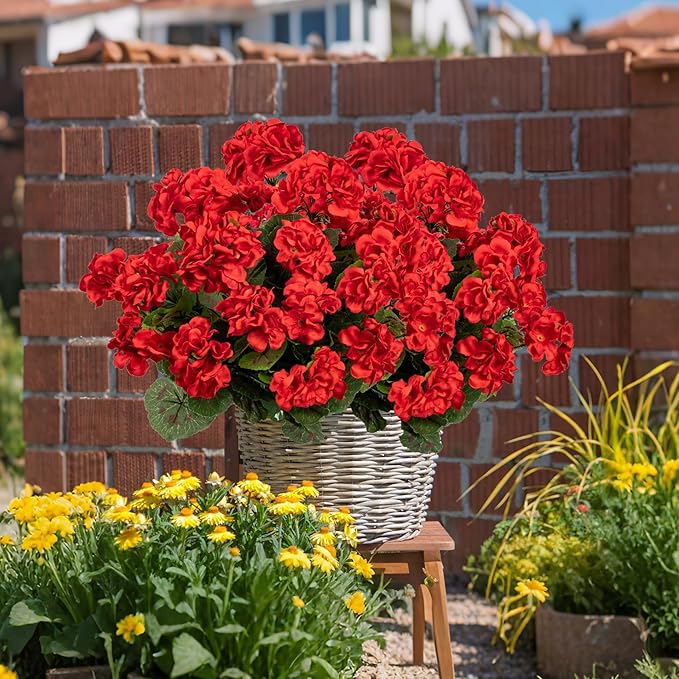 Plastic Flowers for Outdoors Home Decor Fake Plants Artificial Flowers Artificial Geraniums Outdoor Fake Flowers Silk Bouquet, Fall Decor for Interior Porch Garden Decor(Red) 8PCS 14.4"