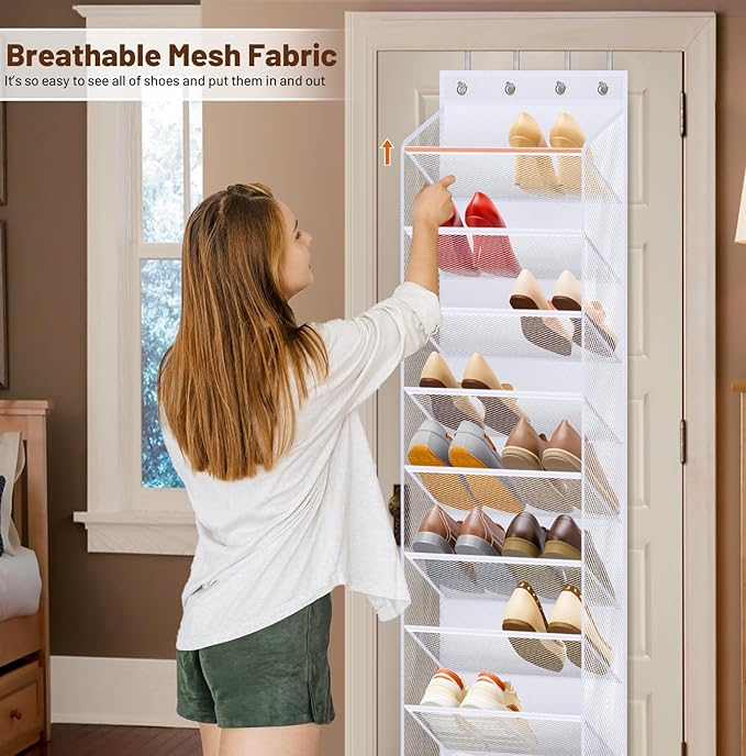 MISSLO 10 Tier Over the Door Shoe Organizer Breathable Mesh Hanging Shoe Rack for Closet Storage Shoe Holder for Door Fit 20 Pairs Sandals, Heels, Boots (White)