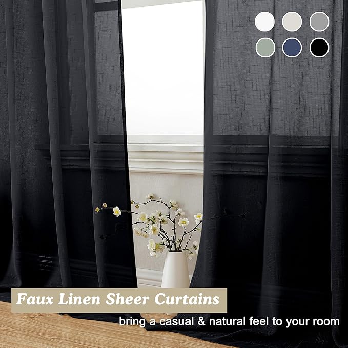 Aiyufeng Black Sheer Curtains, 72 inches Long 2 Panels, Fresh Textured Semi Sheer Linen Breathable Elegant Door Curtains & Drapes for Farmhouse/Living Room/Kitchen, 40Wx72L inch