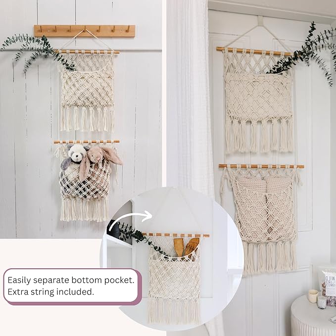 Sasa Macrame Over Door Organizer - 3-Tier Hanging Organizer with Canvas Pouch & Door Hook, Nursery Decor, Kid's Room, Playroom, Dorm, Storage for Stuffed Animals, Plushies, Blankets, Baby Essentials
