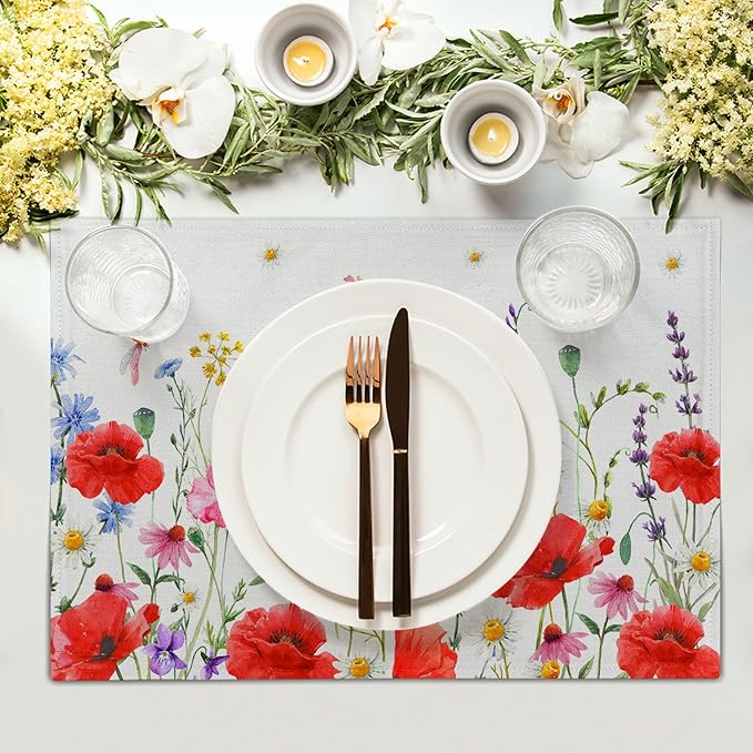 Red Poppy Floral Spring Place Mats Set of 4,Summer Flowers Leaves Place Mats Seasonal Table Mats for Party Kitchen Dining Decoration 12x18 Inch