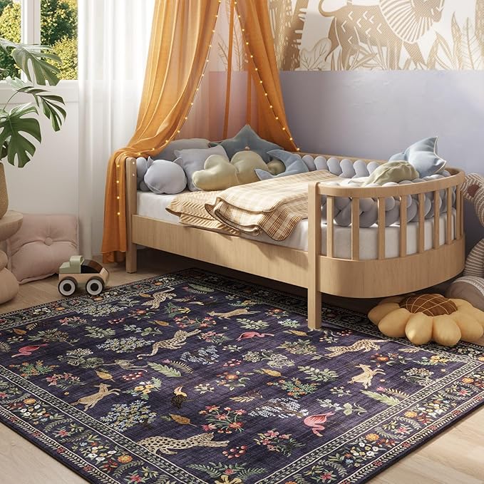 Living Room Rug 5x7 Rug Machine Washable Boho Area Rug Non Slip Floral Animal Vintage Low Pile Large Rugs for Living Room, Bedroom, Farmhouse, Dining Room, Kids Playroom (Blue)