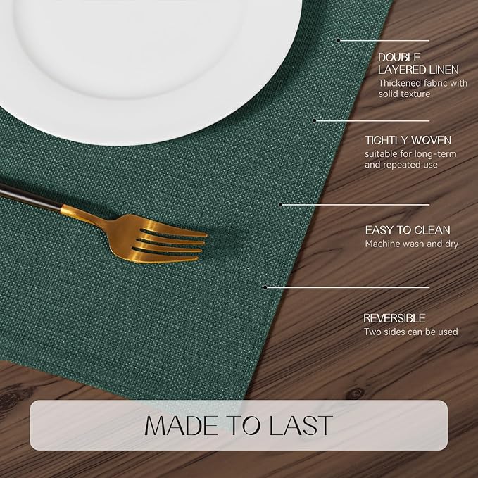 Romanstile Cloth Placemats Set of 8-12 x 18 Inch, Heat Resistant Double Layered Thickened Burlap Christmas Place Mats, Washable Linen Farmhouse Table Mats for Kitchen/Dining/Party/Outdoor, Green