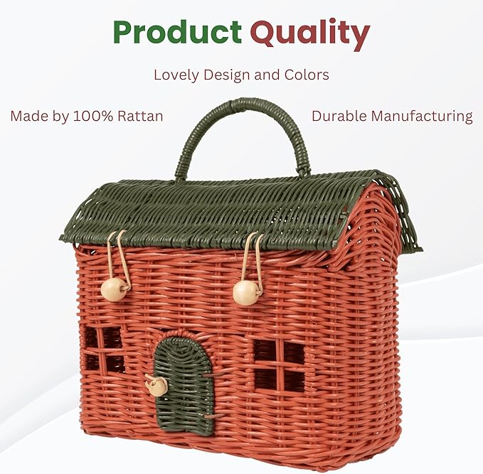 KOLWOVEN Rattan Storage Basket with Lid - Mouse in a Box - Small Doll House - Decorative Hand Woven Shelf Organizer - Cute Handmade Handcrafted Gift Decoration Artwork Wicker (Moss Green)
