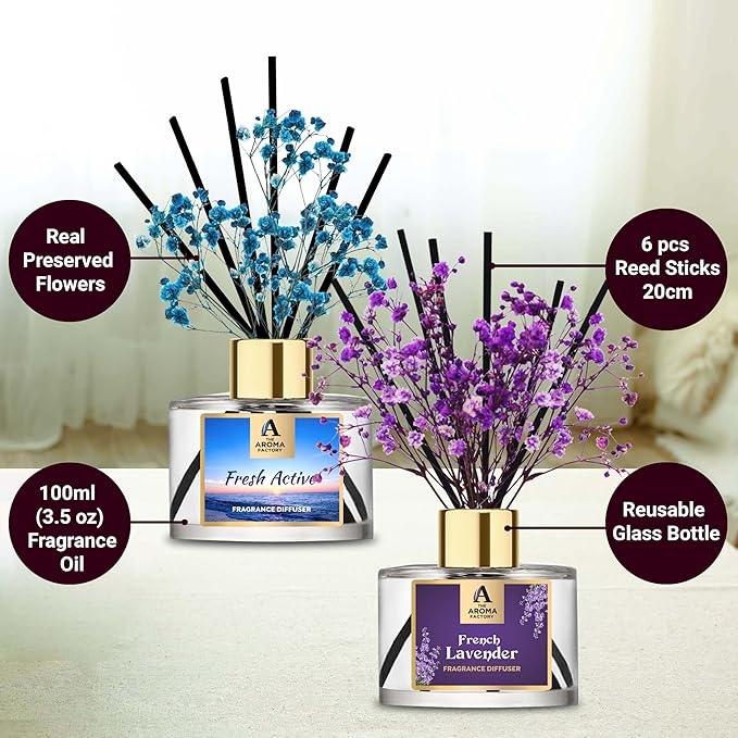 The Aroma Factory Fragrance Reed Diffuser Set with Natural Essential Oil, Aroma Sticks & Real Preserved Flowers | Luxury Home Decor Scent (Fresh Active & Lavender,2 Pack)