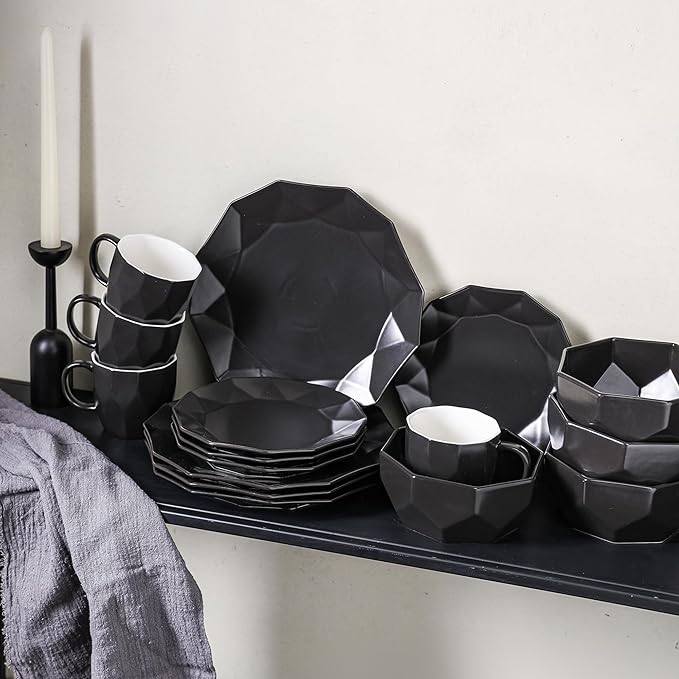 Stone + Lain Jamie Porcelain 16-Piece Geometric Dinnerware Set, Black