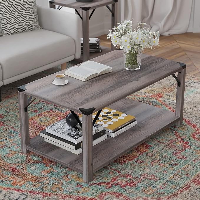 Flash Furniture Wyatt Modern Farmhouse 2 Tier Coffee Table - Gray Wash Engineered Wood Frame - Black Metal Crisscross Side Braces and Corner Accents