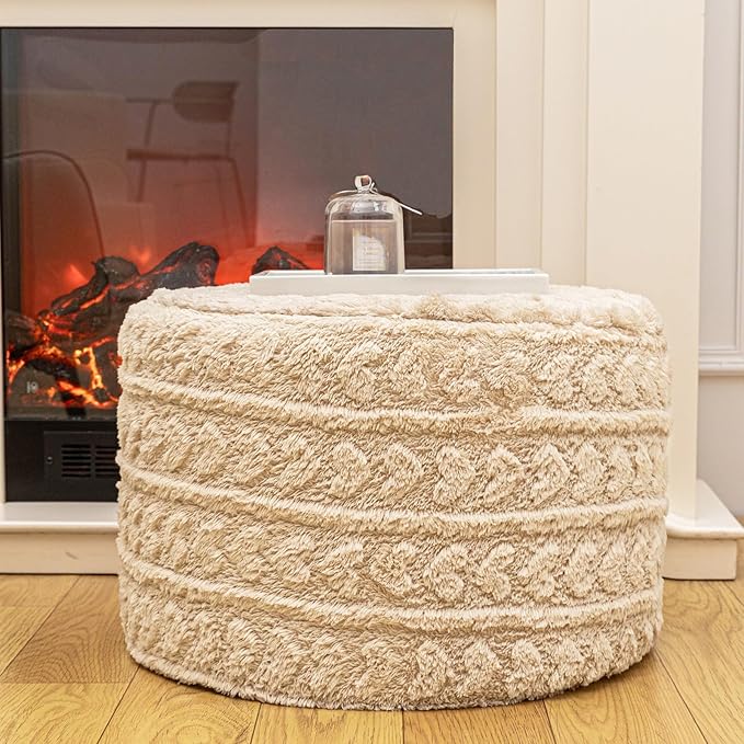Round Pouf Ottoman Foot Rest 20x14 Inches Soft Heart Printed Footstool Ottomans for Living Room Comfort Floor Pouf Modern Foam Stuffed Poofs Perfect to Rest Your Feet for Couch Desk Light Coffee