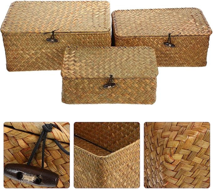 IMIKEYA 3pcs Seaweed Baskets with Lids: Woven Baskets Seagrass Storage Woven Basket Straw Desktop Rattan Storage Basket Hand-Woven Storage Basket for Shelf Desktop Home Decor