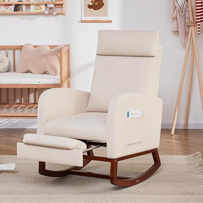 Rocking Chair Nursery Chair with Foot Rest, Nursery Rocking Chairs with High Back, Glider Rocking Chair with Pocket, Baby Nursery Glider Rocker, Nursing Chair Accent Living Room (Linen Beige)
