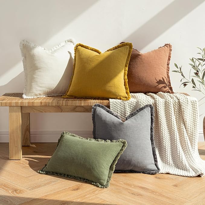 MIULEE Decorative Throw Pillow Covers Neutral Linen Fringe Throw Pillows Set of 2 Mustard Yellow Boho Farmhouse Cushion Covers with Tassels for Couch Sofa Bed Living Room Spring Home Decor 20x20 Inch