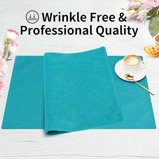 Cloth Placemats, Set of 6 Heat-Resistant Cotton Linen Blend Double Layered Machine Washable Place Mats, Wrinkle Free Thick Fabric Dining Table Mats for Indoors & Outdoors (Teal, 6)