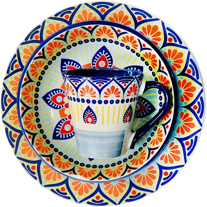 Elama Zen Blue Mozaik Multicolored Round Stoneware Mandala Pattern Dinnerware Set, 16 Piece