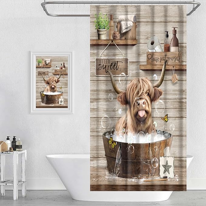 Farmhouse Highland Cow Shower Curtain Funny Western Farm Animal Bull Shower Curtains for Bathroom Decor Waterproof Polyester Fabric Country Cattle Bathroom Curtain with Hooks 66x72 Inch