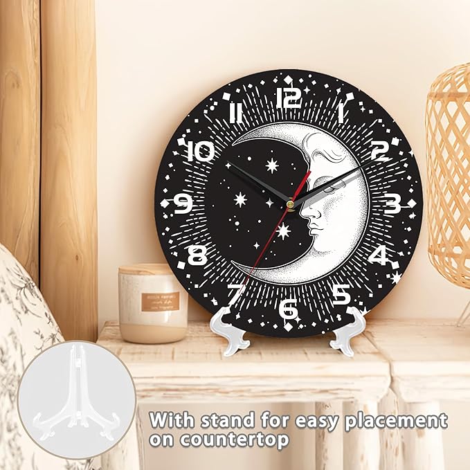 Clock for Living Room, Boho Crescent Moon and Stars Wall Clock Silent Non-Ticking Battery Operated Clock 10 Inch, Home Decor for Living Room, Kitchen, Bedroom and Office