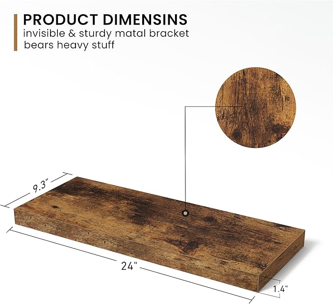 Fun Memories Floating Shelves - 2 Pack 9.3 Inch Deep Rustic Wooden Wall Shelves - Wall Mounted Storage Shelf with Invisible Brackets, 24" W x 9.3" D x 1.6" H - Brown