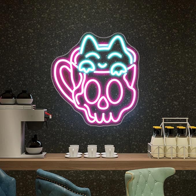 Neon Sign, HSJNJKFU Cat Coffee Cup Neon Signs for Wall Decor LED Sign for Room Cafe Home Party Birthday Bar Beer Signs - USB Powered.