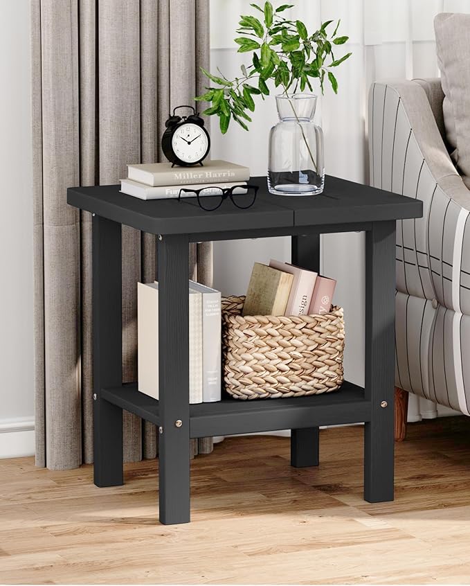 2-Tier Adirondack Square Outdoor Side Table, Pool Composite Patio Table, Weather Resistant End Table for Patio, Backyard, Pool, Easy Maintenance - Black