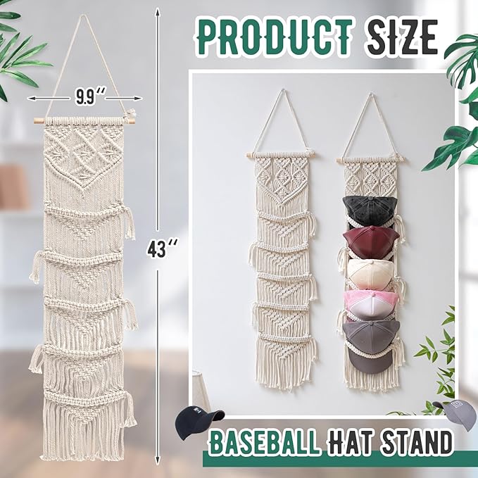 2 Pcs Baseball Cap Holder, Boho Macrame Hat Organizer for Wall, over the Door Hat Rack for Decoration and Display Handmade Hanger for Baseball Holder up to 20 Caps(White)