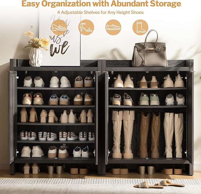 SICOTAS 41" Tall Shoe Cabinet, 24 Pair Shoe Storage Cabinet with Doors and 6-Tier Shelves, Rattan Shoe Cabinet Storage for Entryway, Farmhouse Boho Wooden Cabinet for Hallway, Black Oak