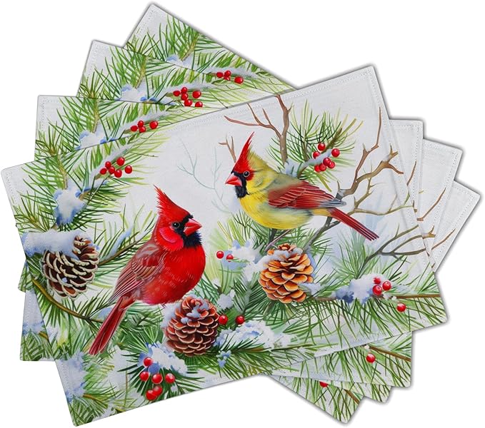 Giwawa Winter Birds Placemats Set of 4, Christmas Tree Holly Berry Pine Cones Place Mat for Kitchen Dining, Xmas Snow Scene Non-Slip Washable Table Mats 12"x18" for Tabletop Holiday Party Decor