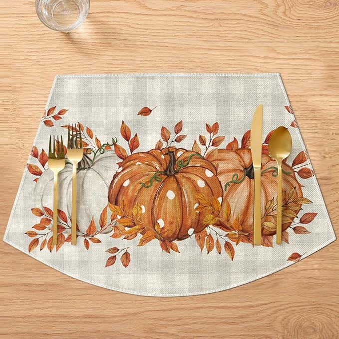 Artoid Mode Orange Buffalo Plaid Pumpkin Leaf Round Table Wedge Placemats Set of 4, Seasonal Fall Kitchen Dining Table Decoration for Indoor Party Home